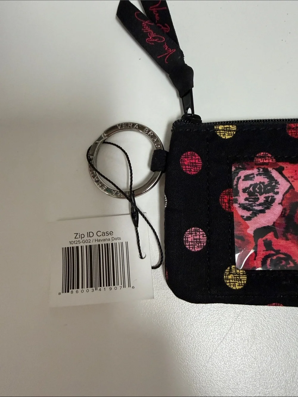 Vera Bradley Black Polka Dot ID Wristlet with Red Rose Insert